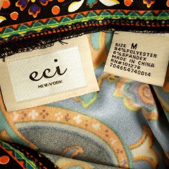 ECI Dress, M, Black/Multicolor Print, V-neckline, Attached Tie Back, 3/4 sleeve - Picture 11 of 11